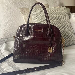 Michael Kors Burgundy Croc Embossed Leather Satchel Gold Hardware